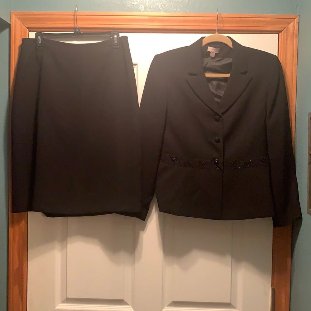 Kim Rogers Black Skirt‎ & Jacket Suit Embellished 12 Petite